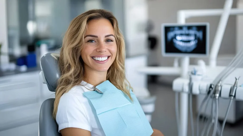 Smiling patient seated in a dental treatment room